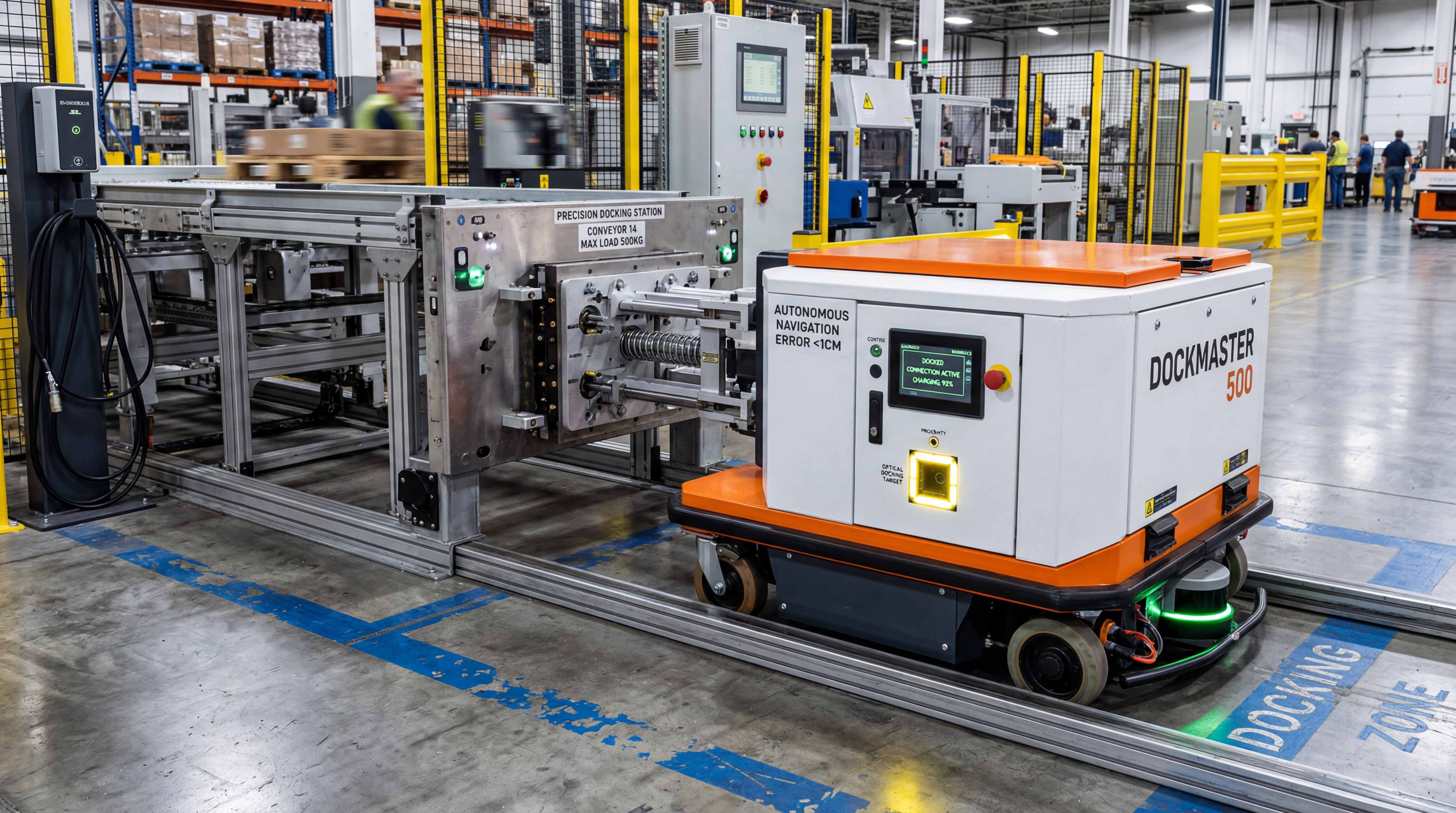 AMR performing precision conveyor docking with mechanical alignment system for automated material transfer